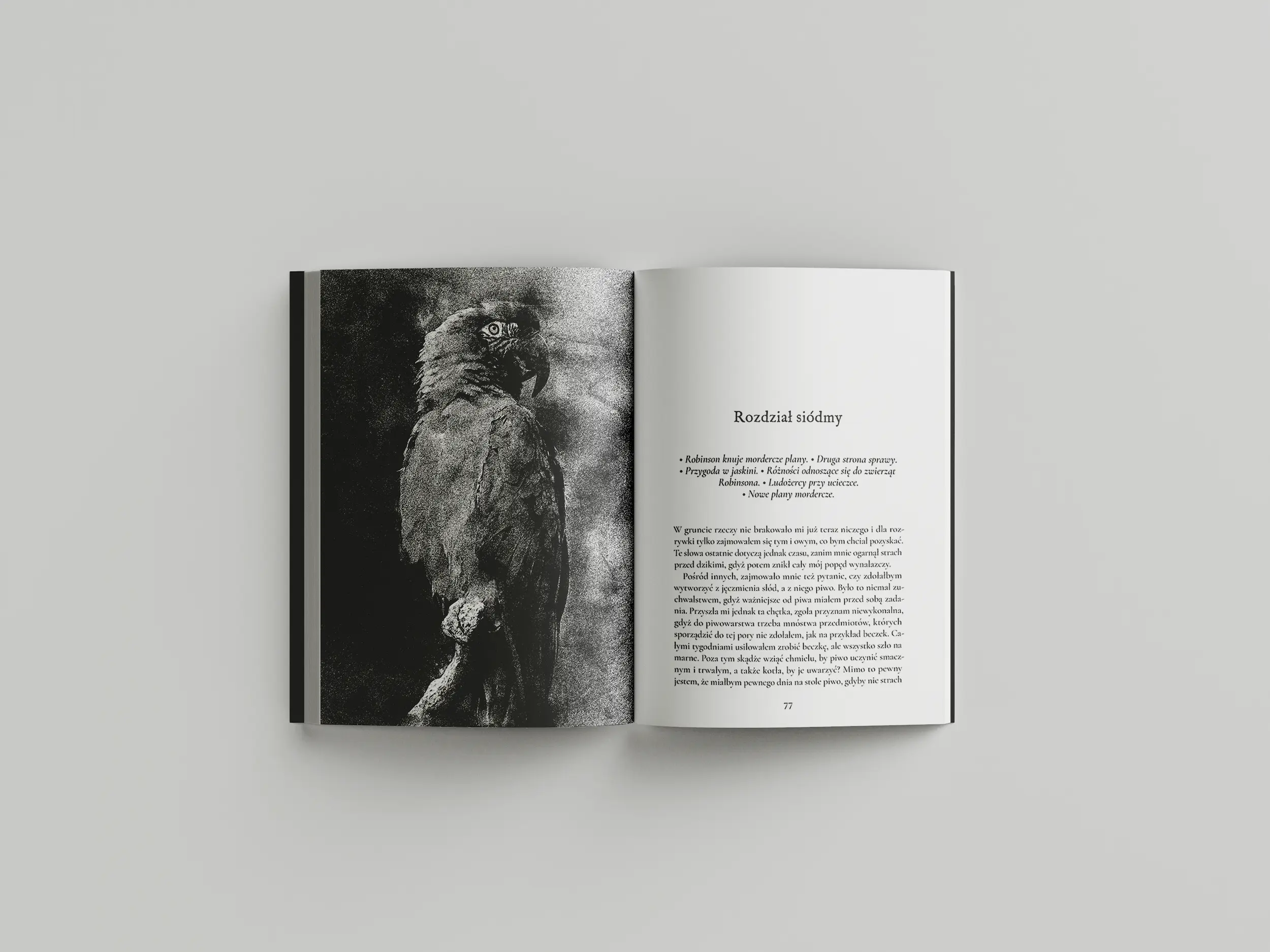 robinson-crusoe-projektowanie-ksiazek-papuga Skład publikacji z ilustracją papugi