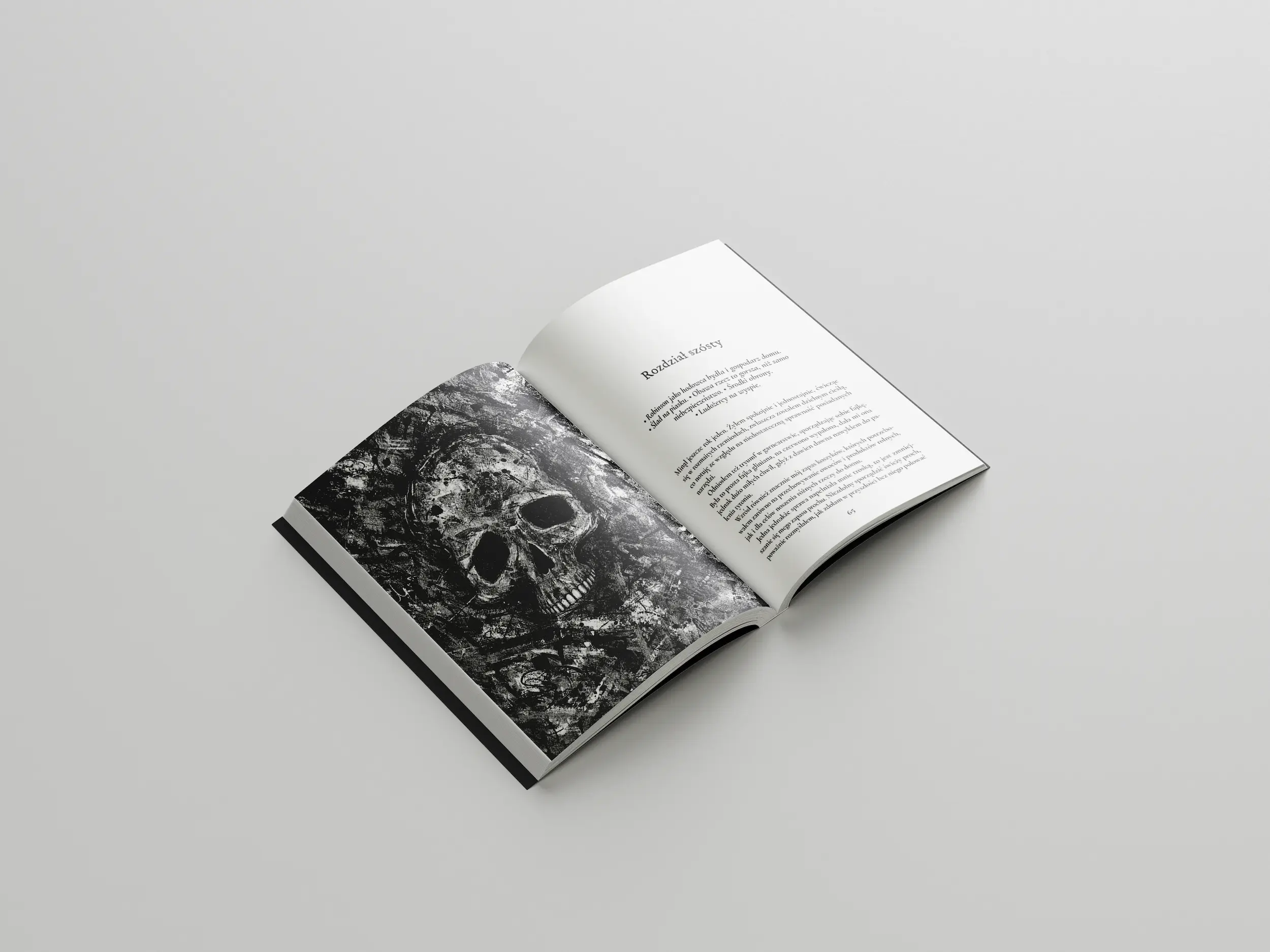 robinson-crusoe-typografia-i-grafika-czaszka Layout publikacji z czarno-białą grafiką czaszki
